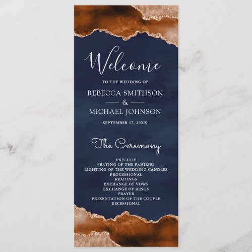 Burnt Orange Terracotta Agate Marble Navy Wedding Program