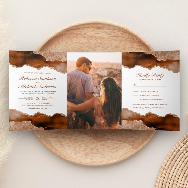 Burnt Orange Terracotta Agate Marble Photo Wedding Tri-Fold Invitation (Creator Uploaded)