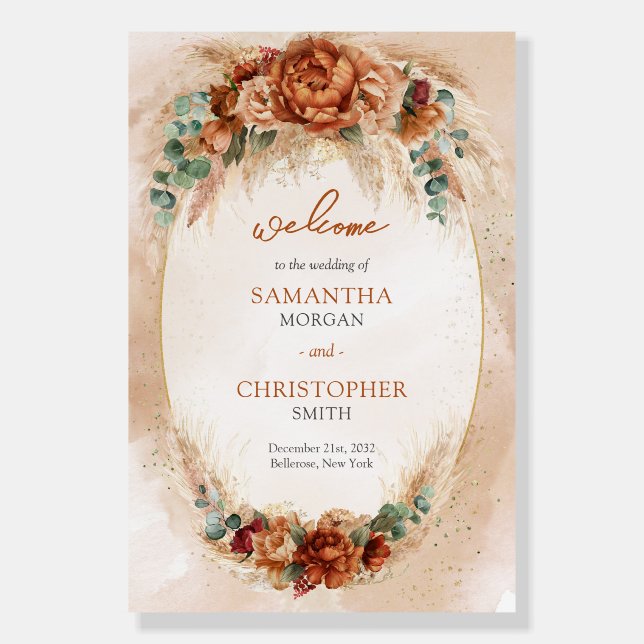 Burnt orange terracotta and greenery boho welcome foam board (Front)