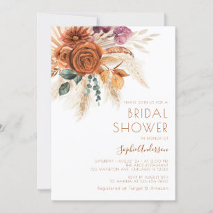 Burnt Orange Terracotta Boho Pampas Grass Wedding  Invitation