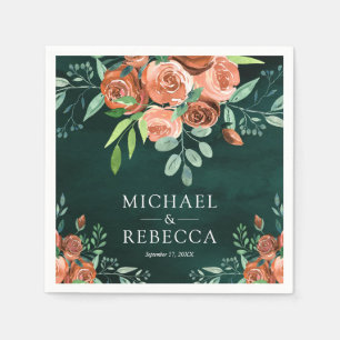 Burnt Orange Terracotta Floral Emerald Wedding Napkins