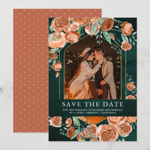 Burnt Orange Terracotta Floral Emerald Wedding Save The Date