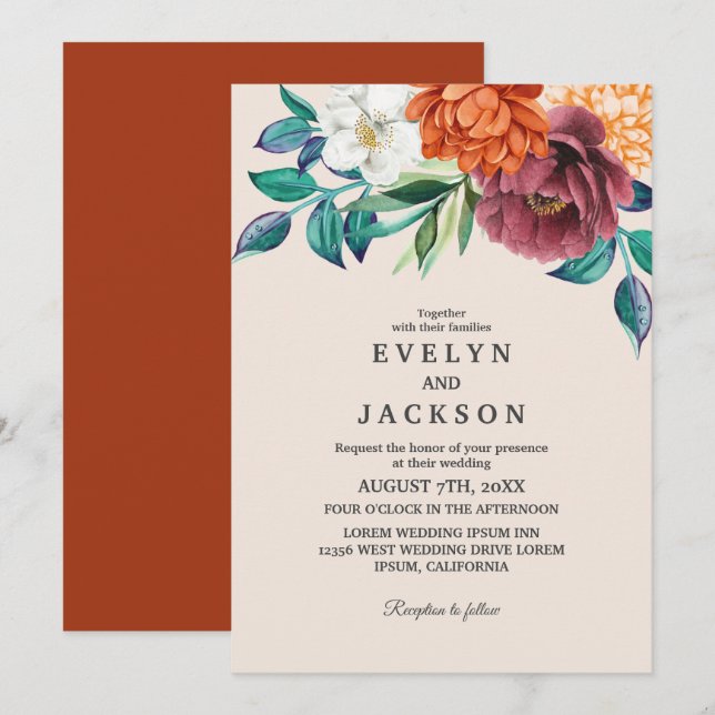 Burnt orange terracotta floral fall wedding  invitation (Front/Back)