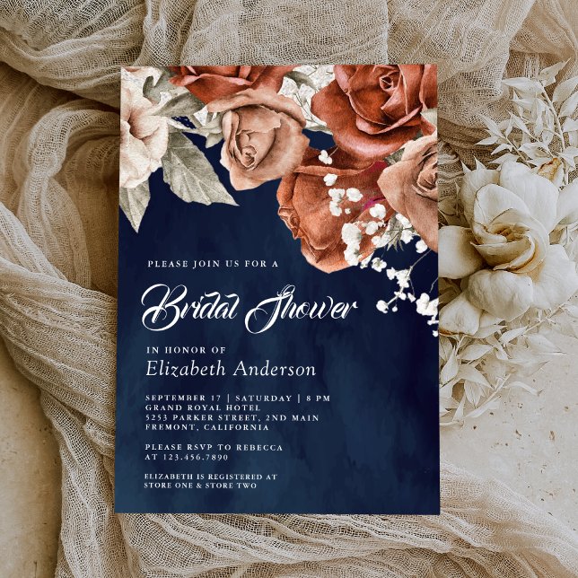 Burnt Orange Terracotta Floral Navy Bridal Shower Invitation (Creator Uploaded)