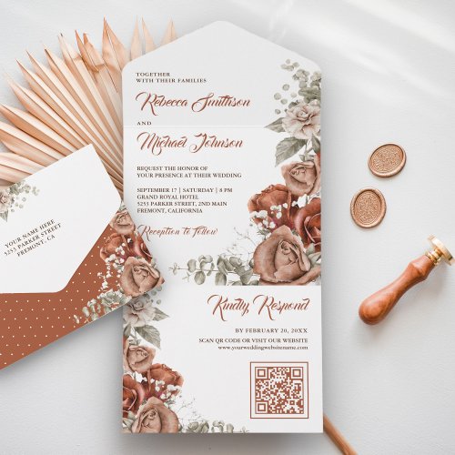 Burnt Orange Terracotta Floral QR Code Wedding All In One Invitation