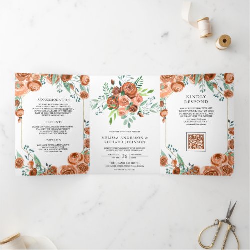 Burnt Orange Terracotta Floral QR Code Wedding Tri-Fold Invitation