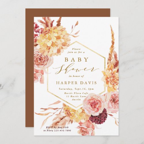 Burnt Orange Terracotta Flowers Gold Baby Shower Invitation