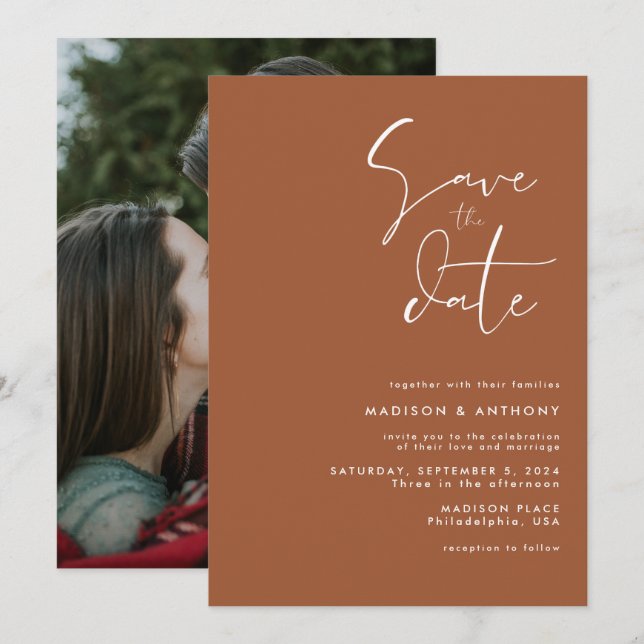 Burnt Orange Terracotta Modern Minimalist Wedding Invitation (Front/Back)