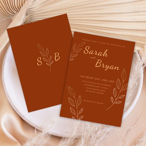 Burnt Orange Terracotta Monogram Boho Wedding Invitation