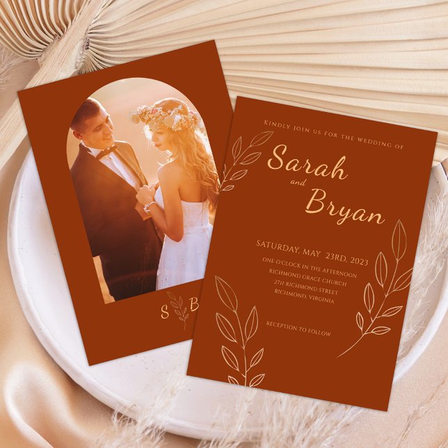Burnt Orange Terracotta Photo Monogram Wedding Invitation (Creator Uploaded)