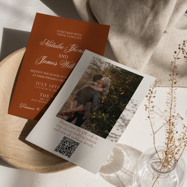Burnt Orange Terracotta Photo QR Code Wedding Invitation (Creator Uploaded)