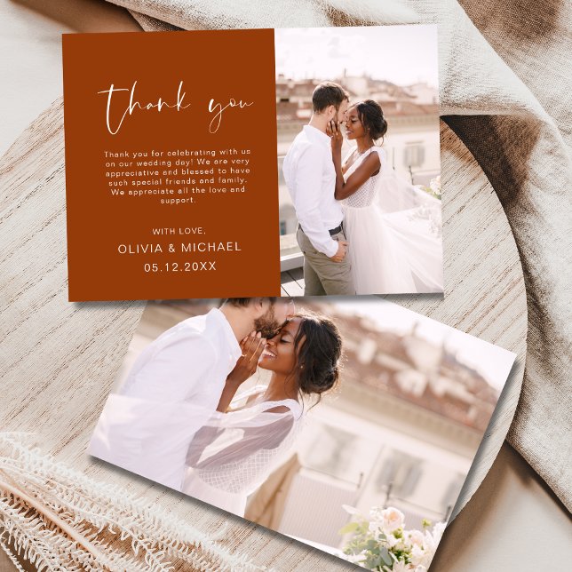 Burnt Orange Terracotta Photo Wedding Thank You Card (Creator Uploaded)