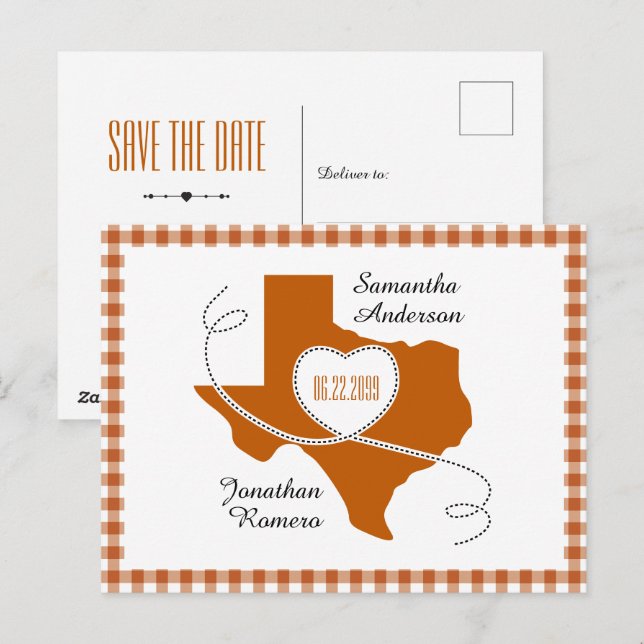 Burnt Orange Texas Curling Ribbon Save the Date Postcard (Front/Back)