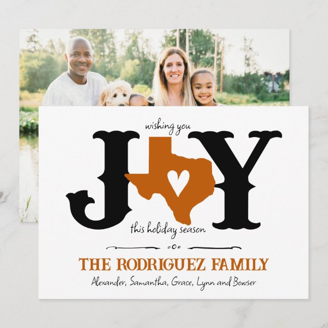 Burnt Orange Texas JOY Photo Holiday Card (Front/Back)