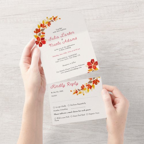 Burnt Orange Tropical Hibiscus Florals Wedding All In One Invitation