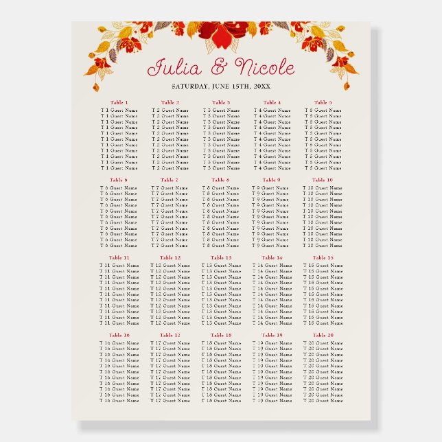 Burnt Orange Tropical Hibiscus Florals Wedding Foam Board (Front)