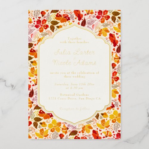 Burnt Orange Tropical Hibiscus Florals Wedding Foil Invitation