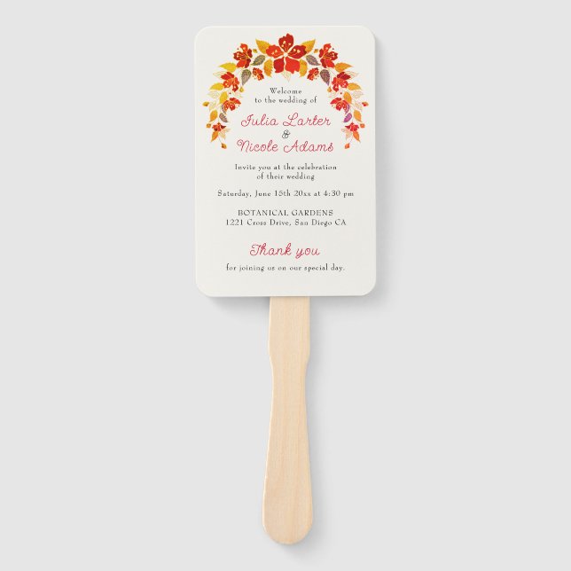 Burnt Orange Tropical Hibiscus Florals Wedding Hand Fan (Front)