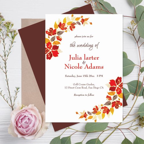 Burnt Orange Tropical Hibiscus Florals Wedding Invitation