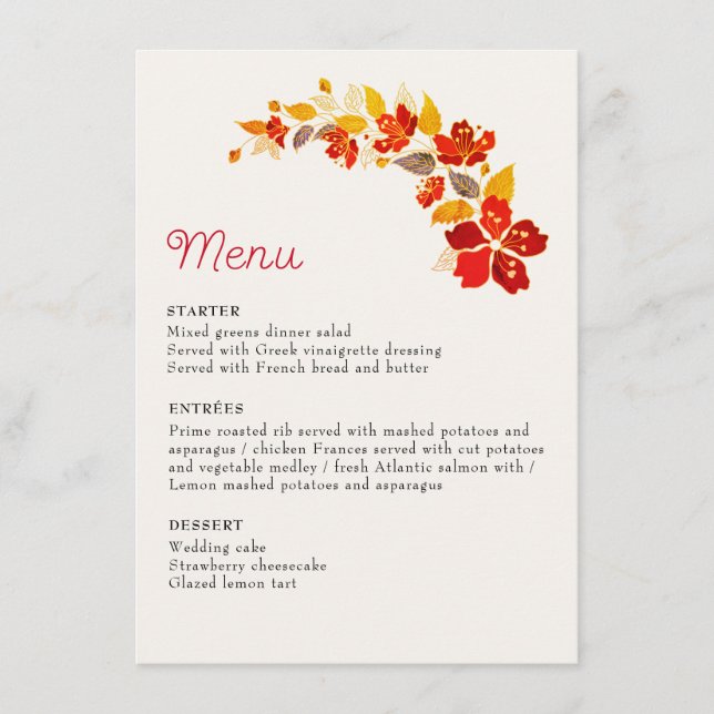Burnt Orange Tropical Hibiscus Florals Wedding Menu (Front)