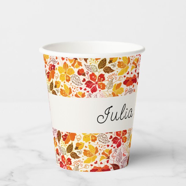 Burnt Orange Tropical Hibiscus Florals Wedding Paper Cups (Front)