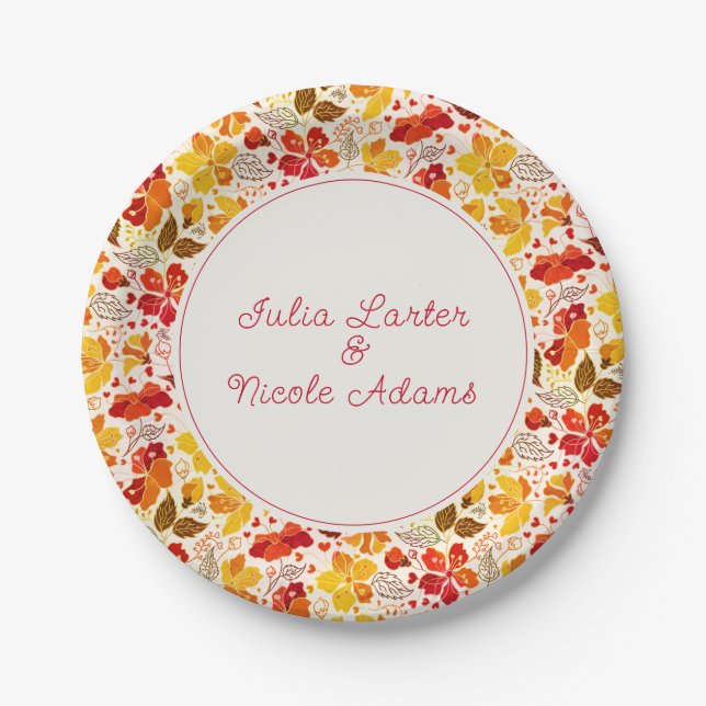 Burnt Orange Tropical Hibiscus Florals Wedding Paper Plates (Front)