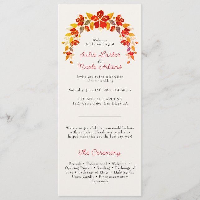 Burnt Orange Tropical Hibiscus Florals Wedding Program (Front)