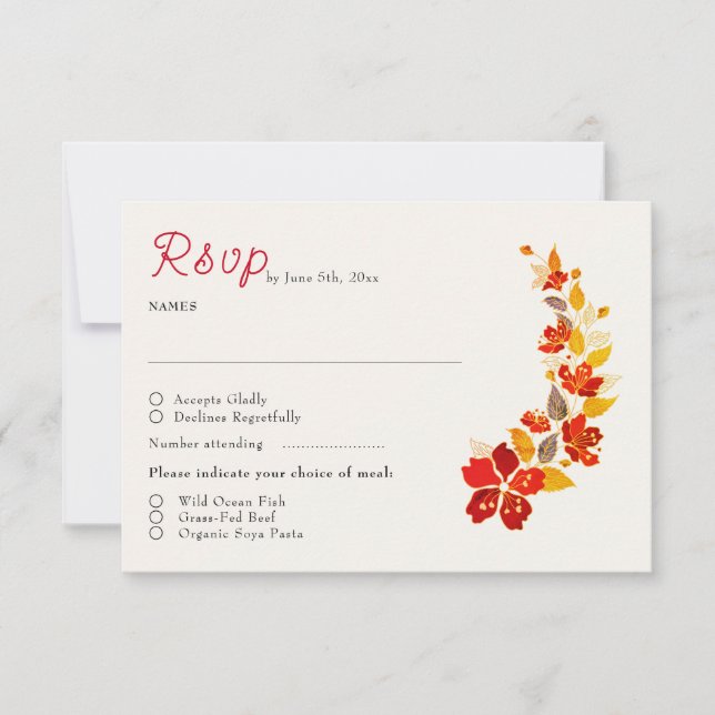 Burnt Orange Tropical Hibiscus Florals Wedding RSVP Card (Front)