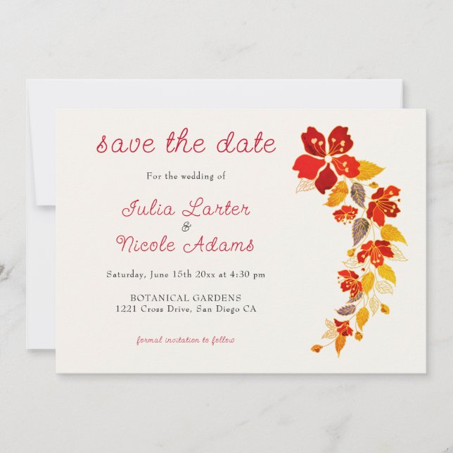 Burnt Orange Tropical Hibiscus Florals Wedding Save The Date (Front)