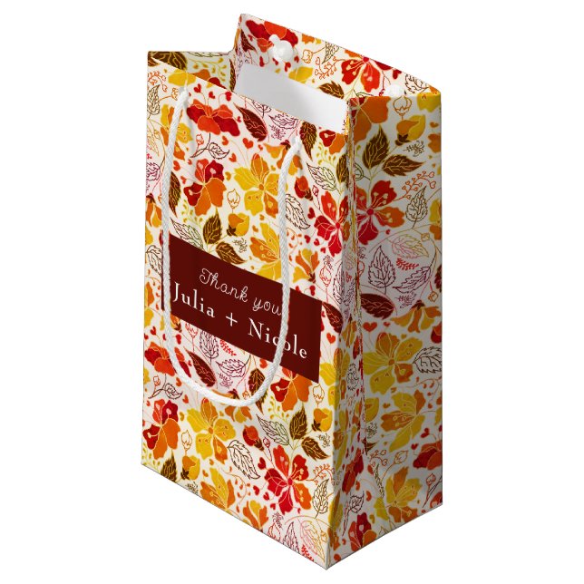 Burnt Orange Tropical Hibiscus Florals Wedding Small Gift Bag (Front Angled)