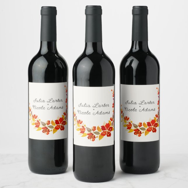Burnt Orange Tropical Hibiscus Florals Wedding Wine Label (Bottles)