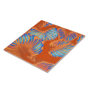 Burnt Orange Tropical Monstera Leaves Ceramic Tile