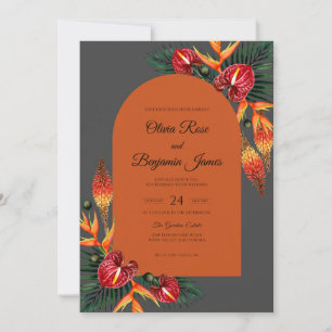 Burnt Orange Tropical Muted Eucalyptus Wedding Invitation