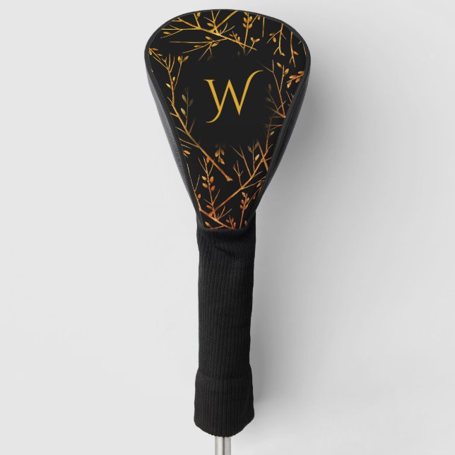 Burnt Orange Twigs on Black Initial Golf Head Cover (Front)