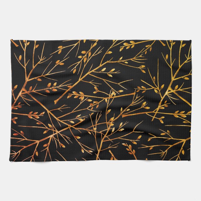Burnt Orange Twigs on Black Kitchen Towel (Horizontal)