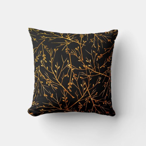 Burnt Orange Twigs on Black Throw Pillow