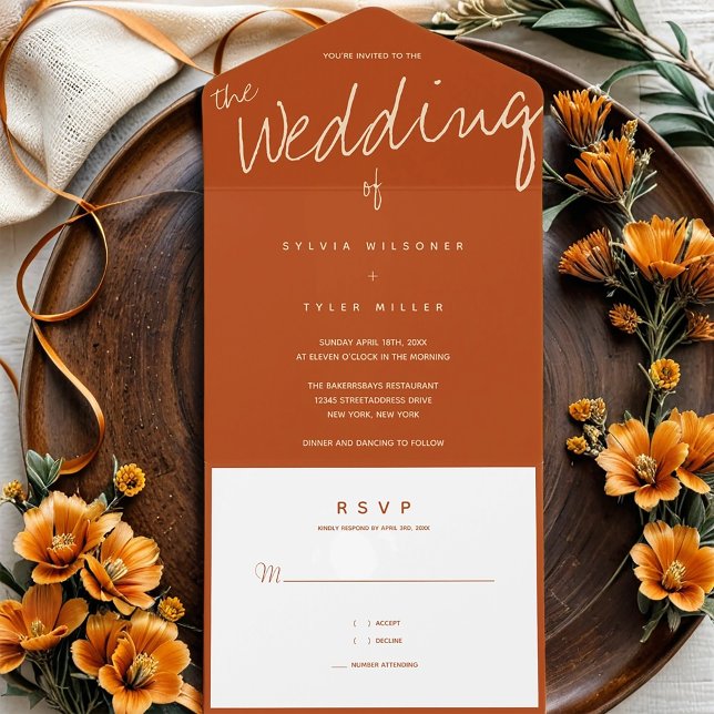 Burnt Orange Typography Minimalist Wedding All In One Invitation (Get this all-in-one invitation for your wedding.)