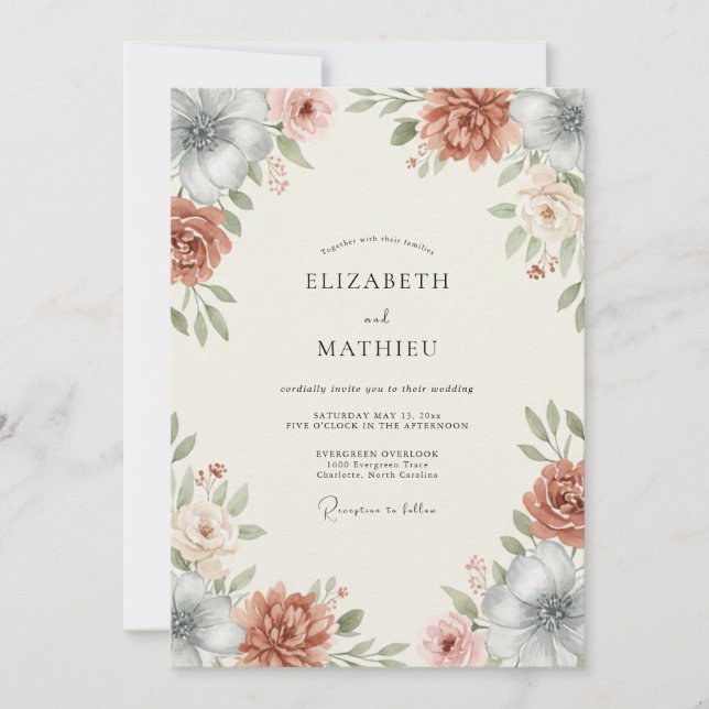 Burnt Orange Vintage Botanical Wedding Invitation (Front)