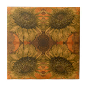 Burnt Orange Vintage Sunflower Floral Art Nouveau Ceramic Tile