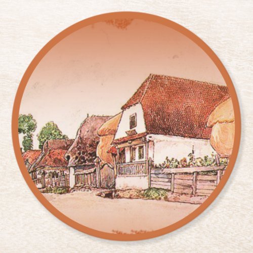 Burnt Orange Vintage Village of Hungary Round Paper Coaster