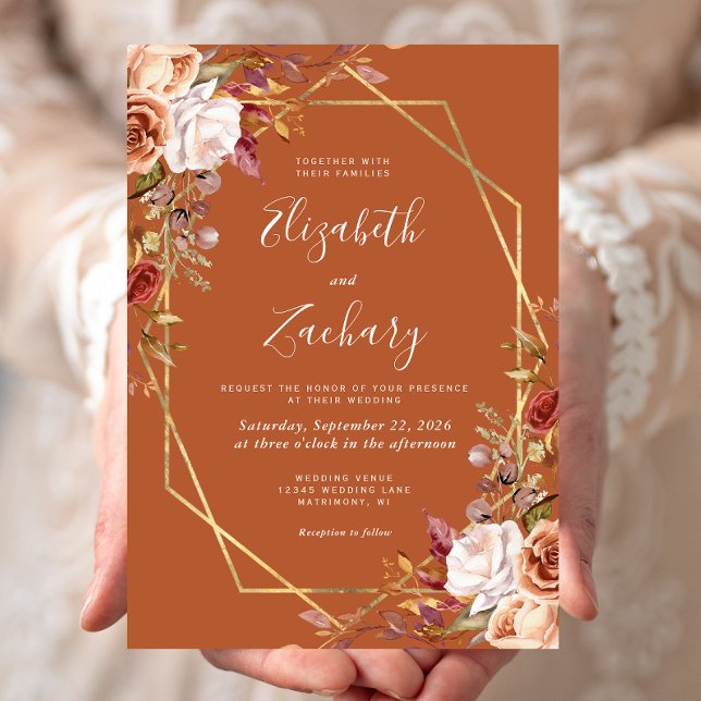 Burnt Orange Watercolor Fall Floral Gold Wedding Invitation (Creator Uploaded)