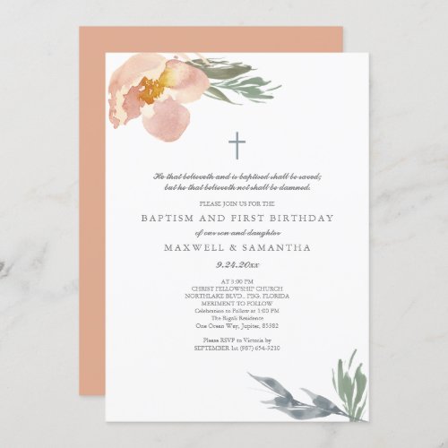 Burnt Orange Watercolor Florals Twins Baptism Invitation