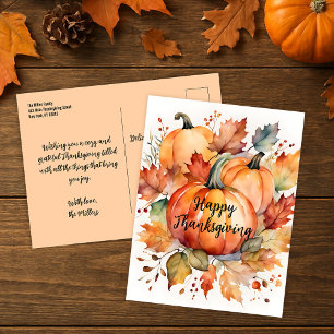 Burnt Orange Watercolor Pumpkin Thanksgiving Postcard