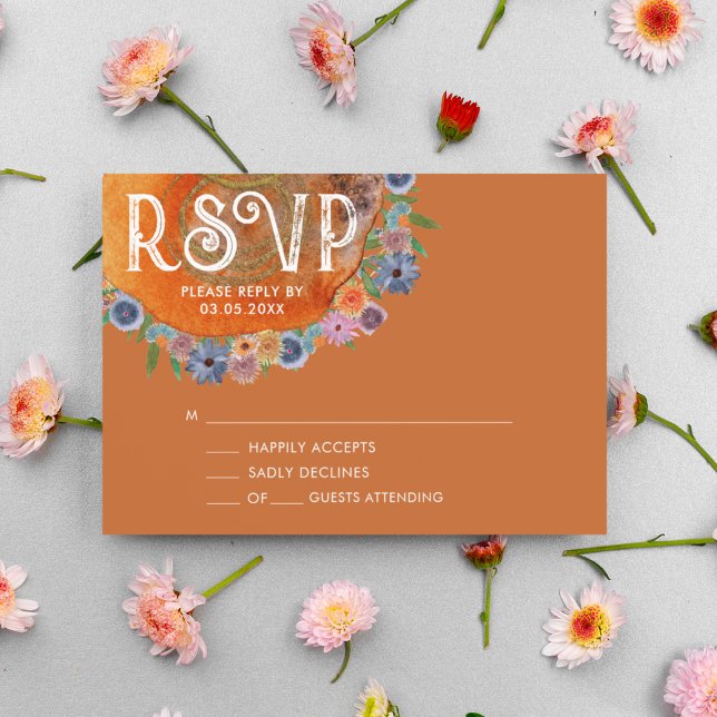 Burnt Orange Watercolor Wildflower Wedding RSVP Card (Front)