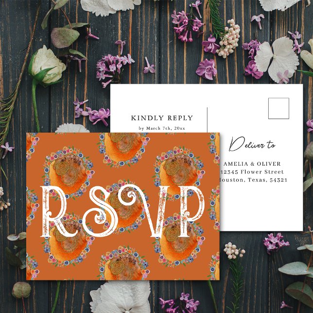 Burnt Orange Watercolor Wildflower Wedding RSVP Postcard (Front/Back)