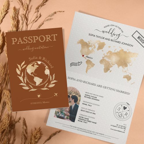 Burnt Orange Wedding Destination Passport World  Invitation