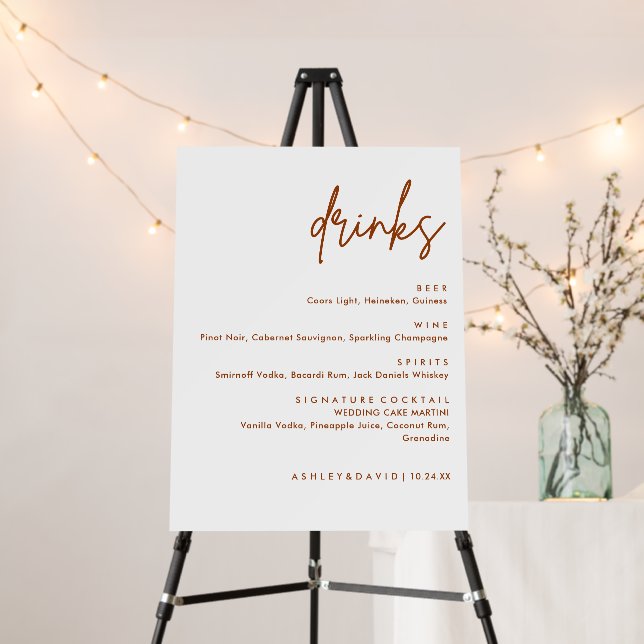 Burnt Orange Wedding Drinks Bar Menu Foam Board (In Situ (Stand))
