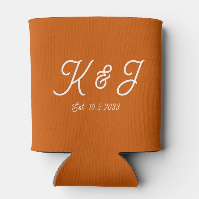 Burnt Orange Wedding Favor Monogrammed Can Cooler (Back)
