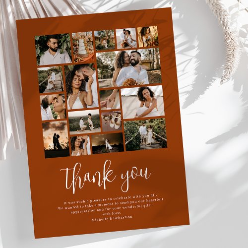 Burnt Orange Wedding Photo Collage Thank You Card