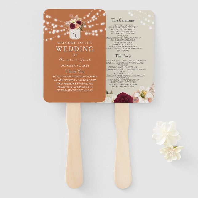 Burnt Orange Wedding Program Hand Fan (Front and Back)